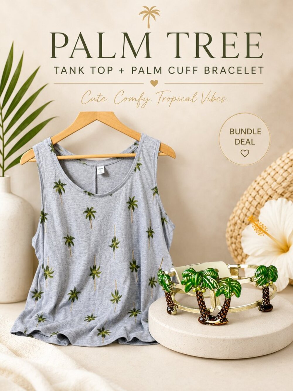 Old Navy Luxe Palm Tree Tank Top Gray Sleeveless Tropical Print Size L + Palm Tr